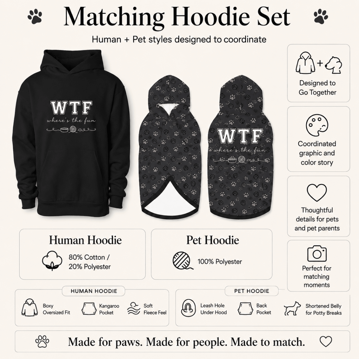 WTF Where's the Fun Matching Pet & Owner Hoodie Set - FluffnCoPigment BlackxsS